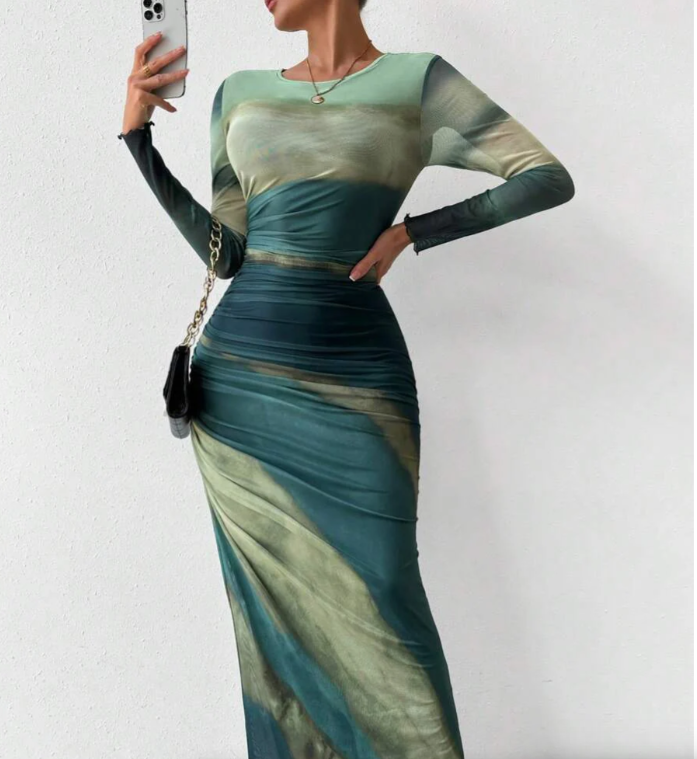 TORINA - Vestido Maxi Bodycon de Manga Larga Impreso y Cuello Redondo Cómodo