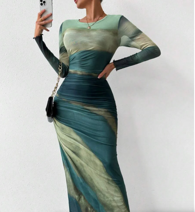 TORINA - Vestido Maxi Bodycon de Manga Larga Impreso y Cuello Redondo Cómodo