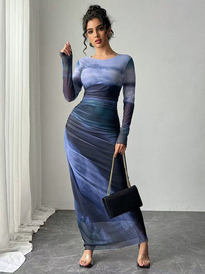 TORINA - Vestido Maxi Bodycon de Manga Larga Impreso y Cuello Redondo Cómodo
