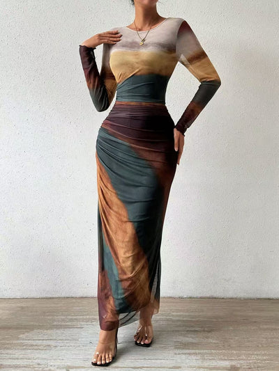TORINA - Vestido Maxi Bodycon de Manga Larga Impreso y Cuello Redondo Cómodo