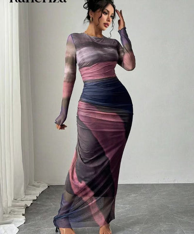 TORINA - Vestido Maxi Bodycon de Manga Larga Impreso y Cuello Redondo Cómodo