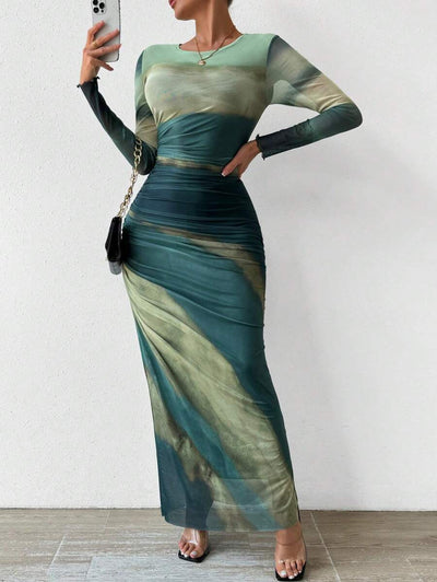 TORINA - Vestido Maxi Bodycon de Manga Larga Impreso y Cuello Redondo Cómodo