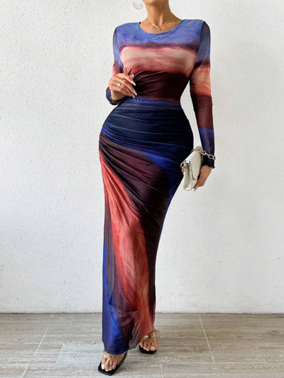 TORINA - Vestido Maxi Bodycon de Manga Larga Impreso y Cuello Redondo Cómodo