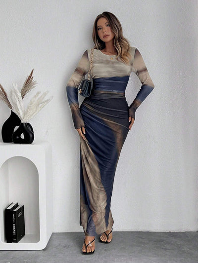 TORINA - Vestido Maxi Bodycon de Manga Larga Impreso y Cuello Redondo Cómodo