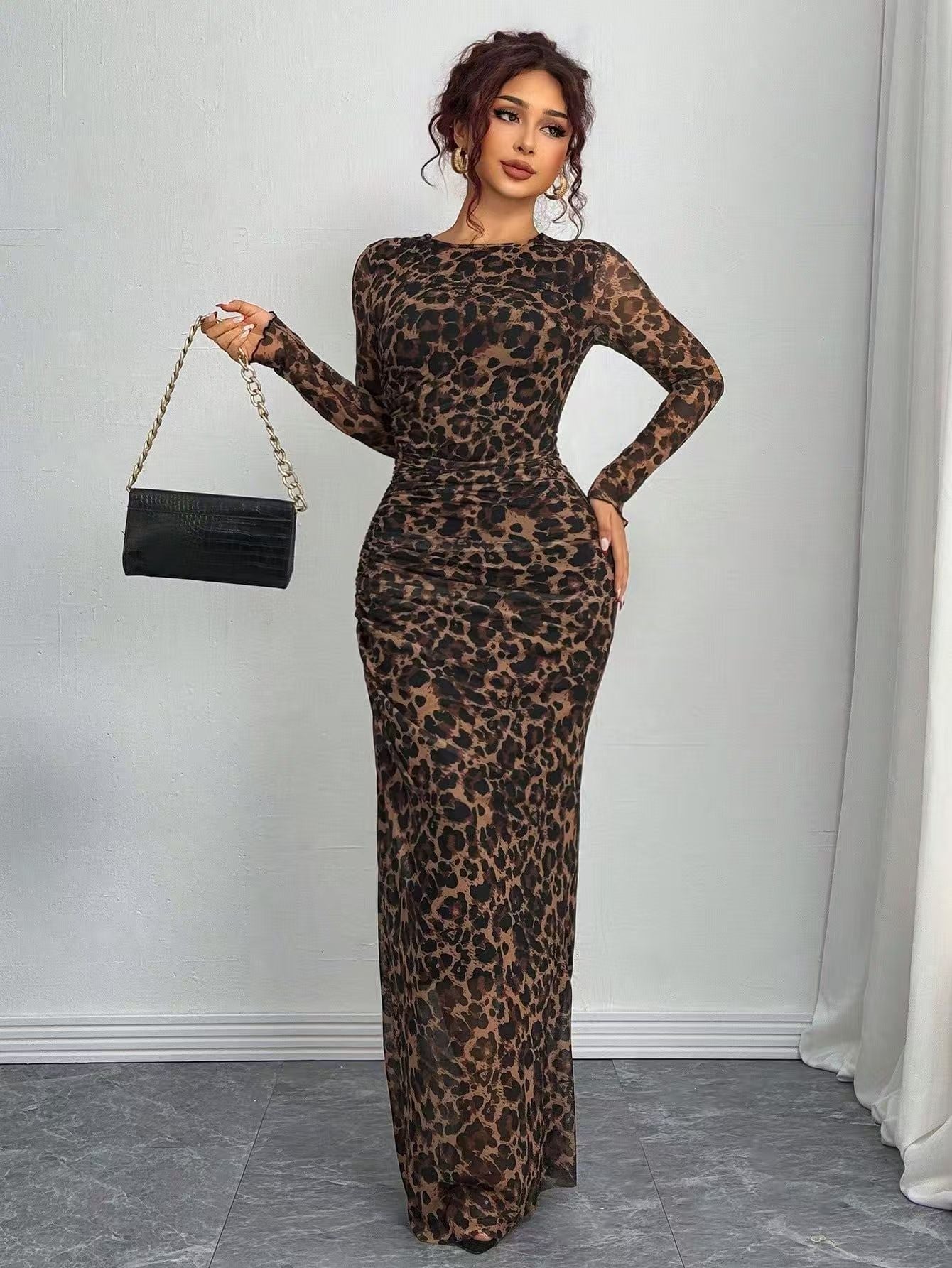 TORINA - Vestido Maxi Bodycon de Manga Larga Impreso y Cuello Redondo Cómodo