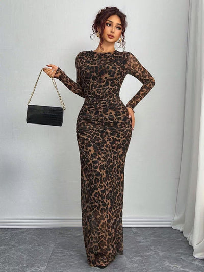 TORINA - Vestido Maxi Bodycon de Manga Larga Impreso y Cuello Redondo Cómodo