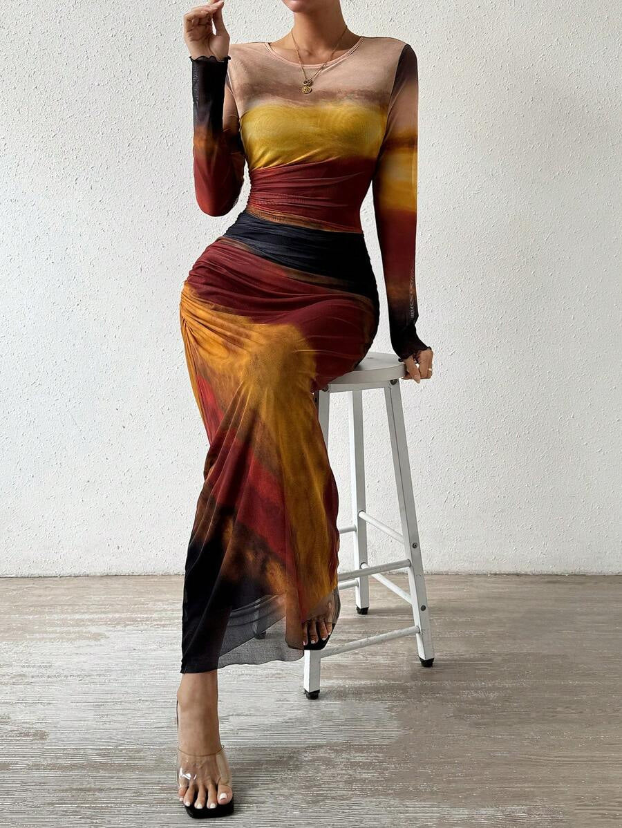 TORINA - Vestido Maxi Bodycon de Manga Larga Impreso y Cuello Redondo Cómodo