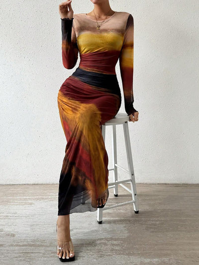 TORINA - Vestido Maxi Bodycon de Manga Larga Impreso y Cuello Redondo Cómodo